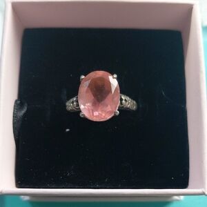 Large Oval Pink Sapphire Ring Size 7 1/2 925 Silver With Cut Flotal Detail